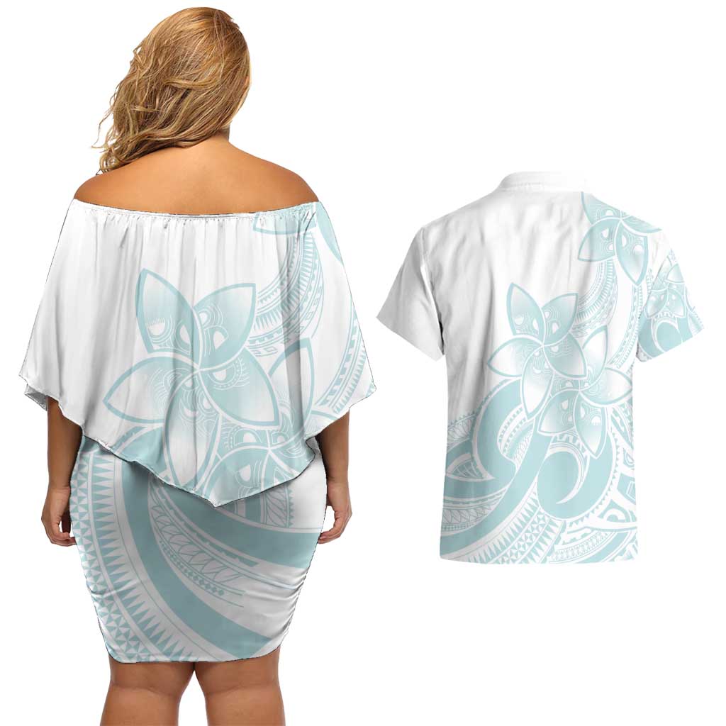 Polynesian Tribal Plumeria Lotu Tamaiti Couples Matching Off Shoulder Short Dress and Hawaiian Shirt Pastel Cyan - Polynesian Pride