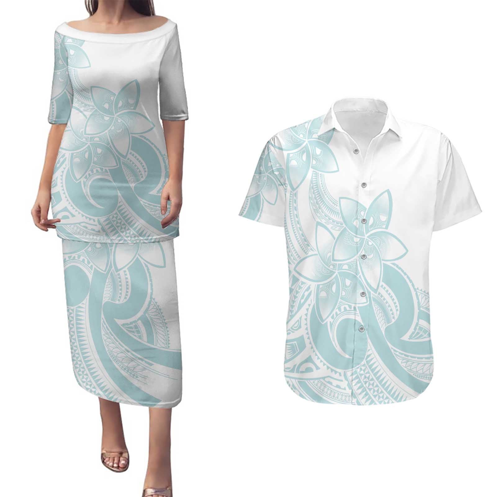 Polynesian Tribal Plumeria Lotu Tamaiti Couples Matching Puletasi and Hawaiian Shirt Pastel Cyan - Polynesian Pride