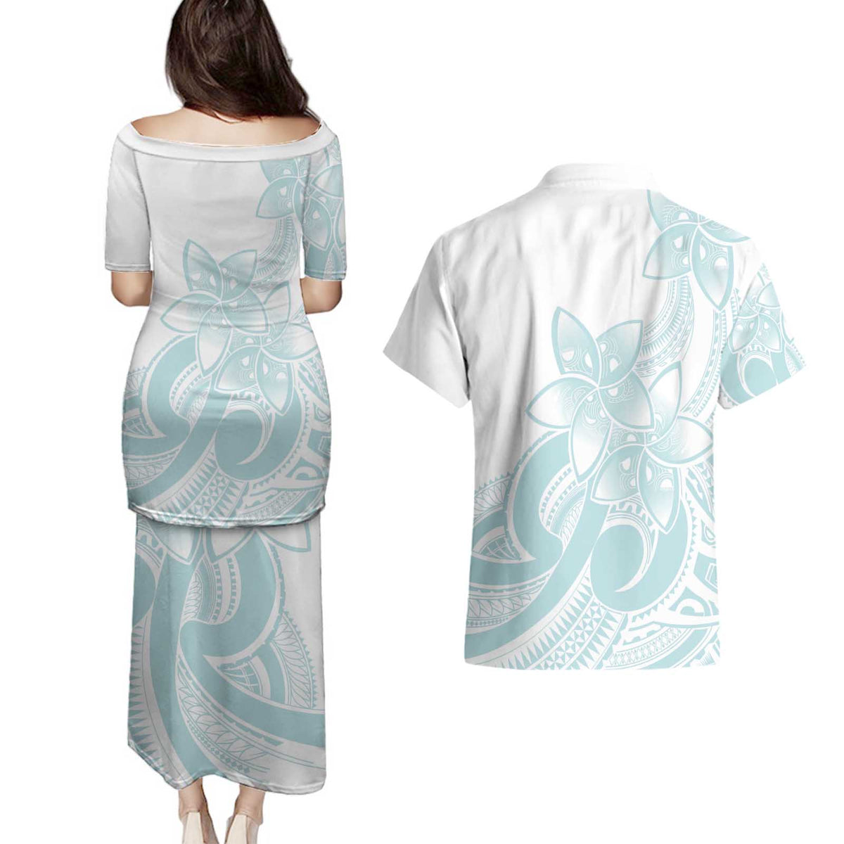 Polynesian Tribal Plumeria Lotu Tamaiti Couples Matching Puletasi and Hawaiian Shirt Pastel Cyan - Polynesian Pride