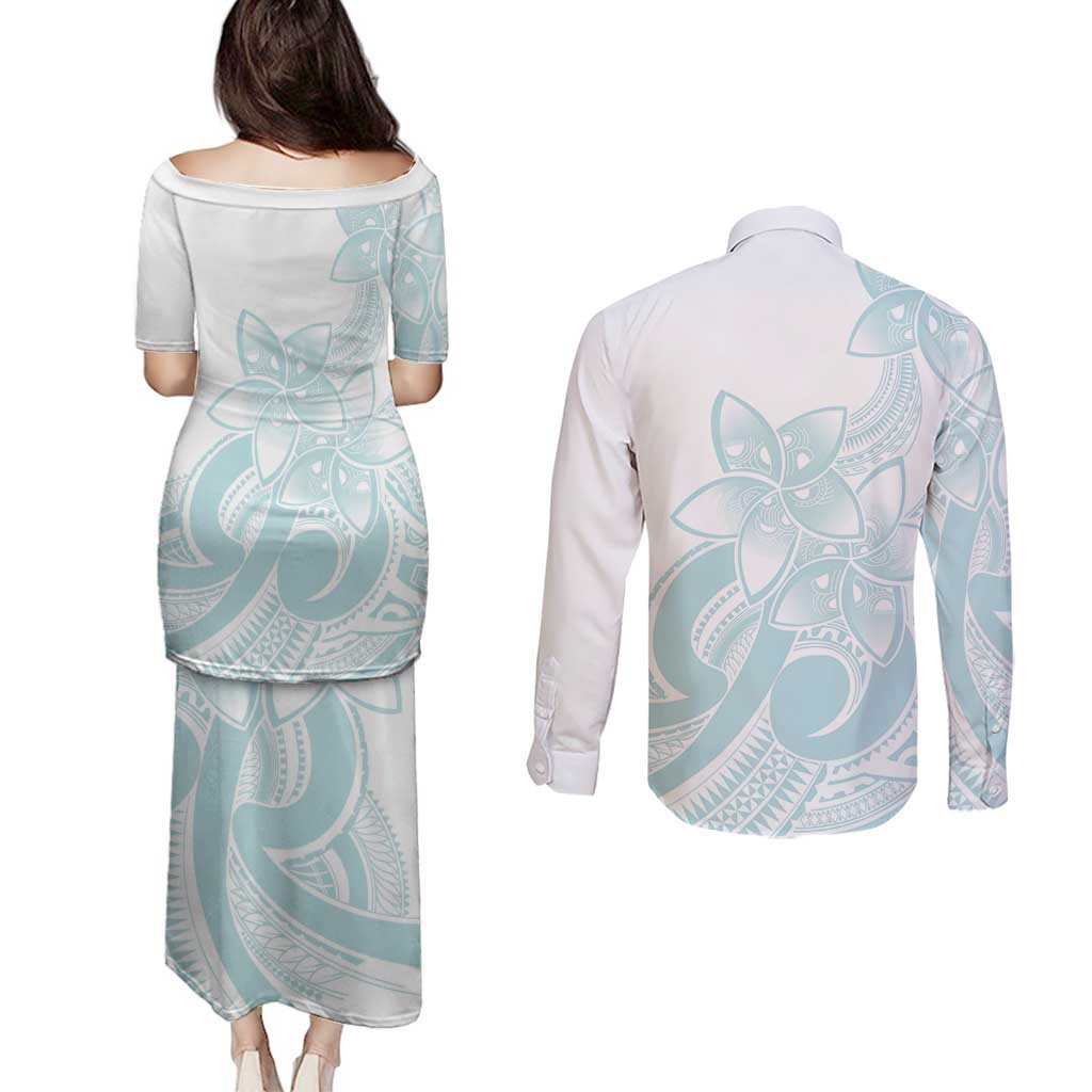 Polynesian Tribal Plumeria Lotu Tamaiti Couples Matching Puletasi and Long Sleeve Button Shirt Pastel Cyan - Polynesian Pride