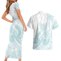 Polynesian Tribal Plumeria Lotu Tamaiti Couples Matching Short Sleeve Bodycon Dress and Hawaiian Shirt Pastel Cyan - Polynesian Pride