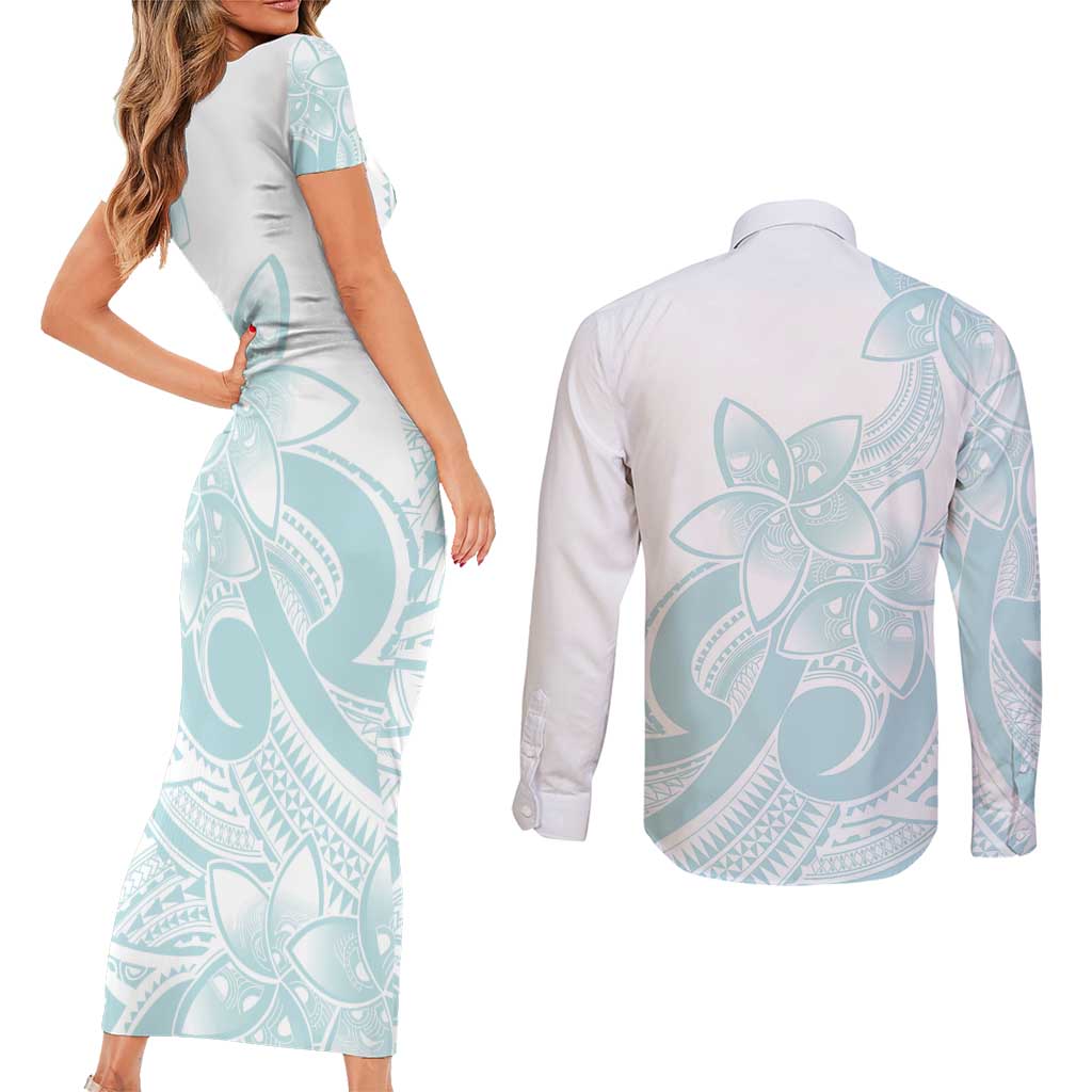 Polynesian Tribal Plumeria Lotu Tamaiti Couples Matching Short Sleeve Bodycon Dress and Long Sleeve Button Shirt Pastel Cyan - Polynesian Pride