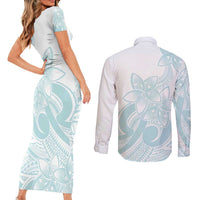 Polynesian Tribal Plumeria Lotu Tamaiti Couples Matching Short Sleeve Bodycon Dress and Long Sleeve Button Shirt Pastel Cyan - Polynesian Pride