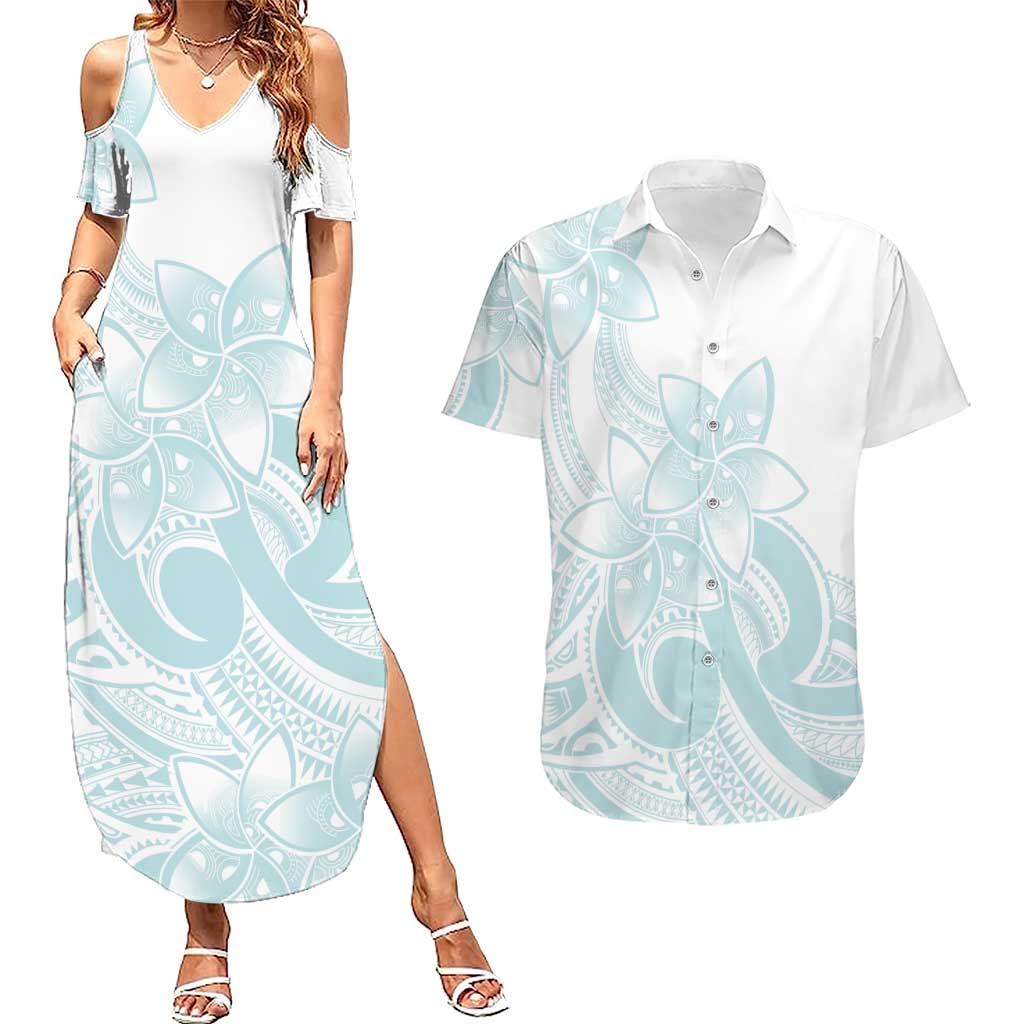 Polynesian Tribal Plumeria Lotu Tamaiti Couples Matching Summer Maxi Dress and Hawaiian Shirt Pastel Cyan - Polynesian Pride