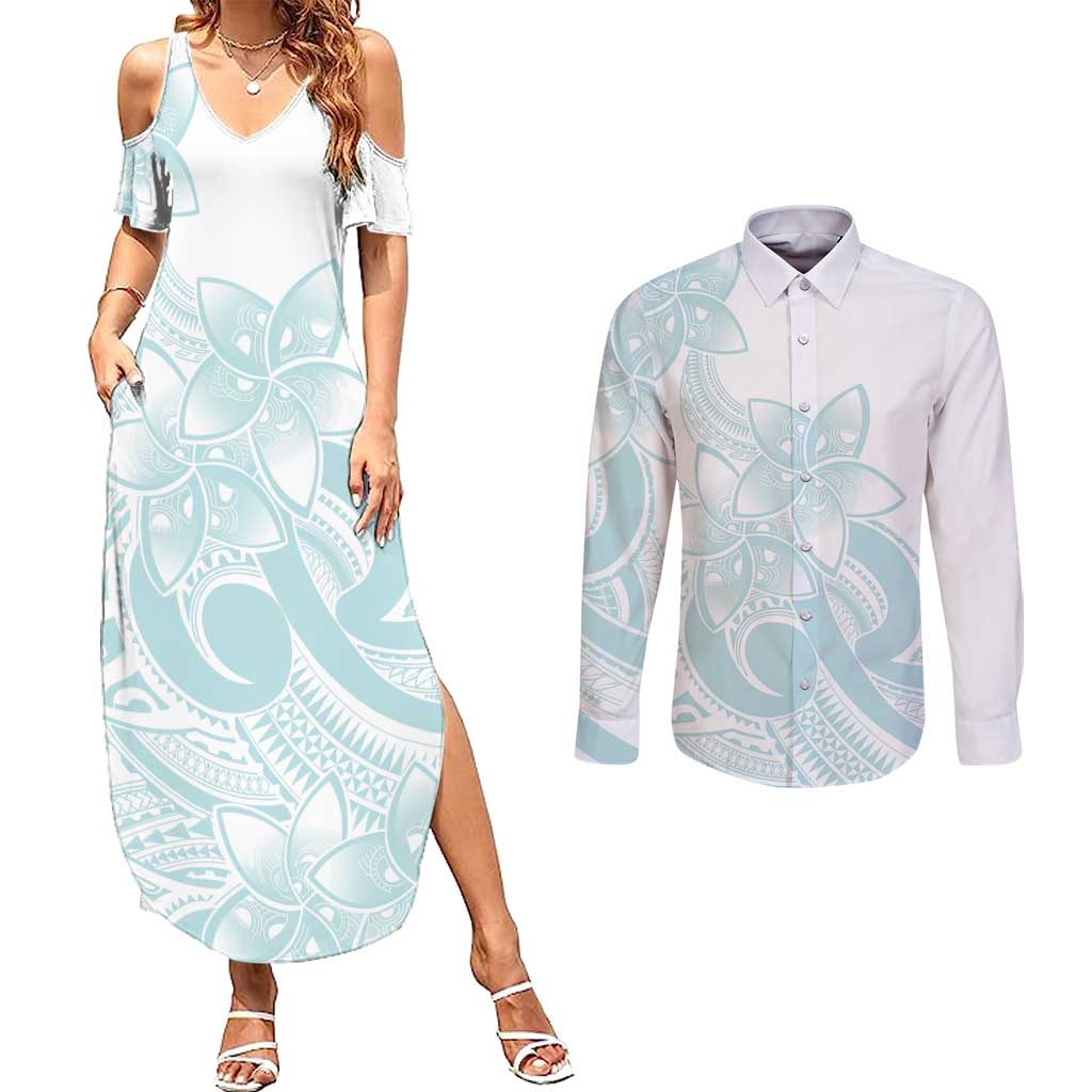 Polynesian Tribal Plumeria Lotu Tamaiti Couples Matching Summer Maxi Dress and Long Sleeve Button Shirt Pastel Cyan - Polynesian Pride