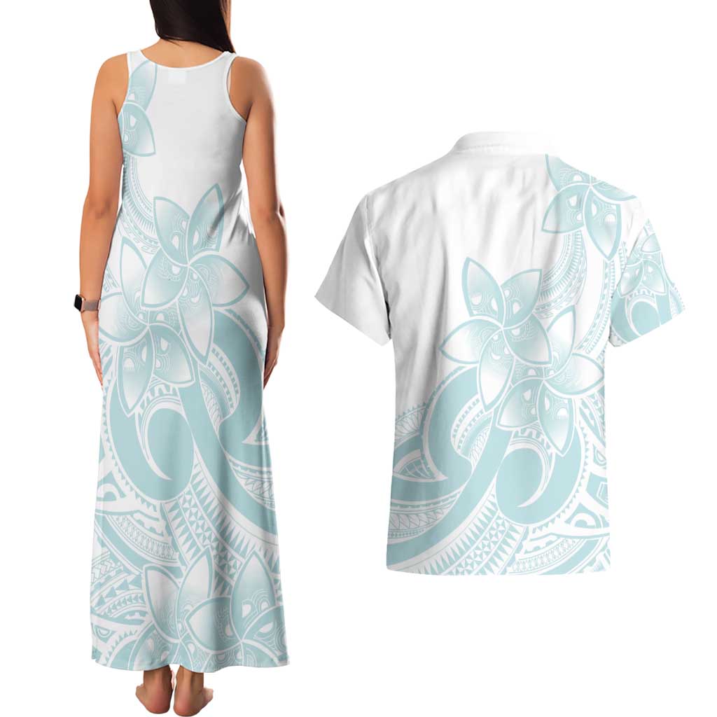 Polynesian Tribal Plumeria Lotu Tamaiti Couples Matching Tank Maxi Dress and Hawaiian Shirt Pastel Cyan - Polynesian Pride