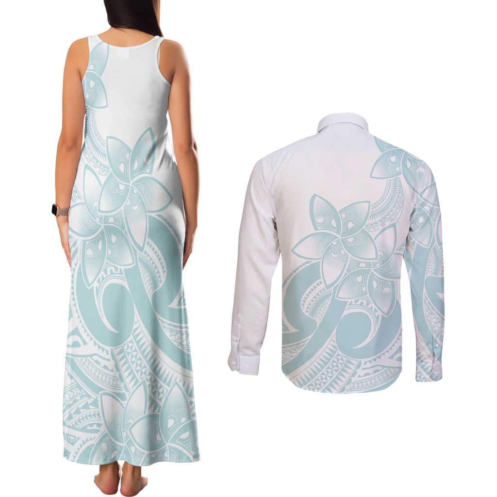 Polynesian Tribal Plumeria Lotu Tamaiti Couples Matching Tank Maxi Dress and Long Sleeve Button Shirt Pastel Cyan - Polynesian Pride