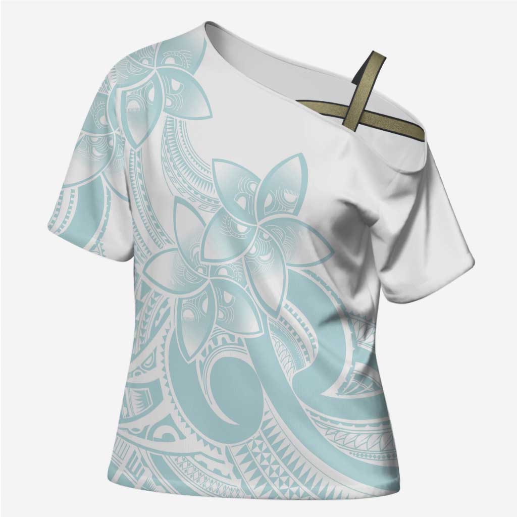 Polynesian Tribal Plumeria Lotu Tamaiti Cross Shoulder Shirt Pastel Cyan - Polynesian Pride