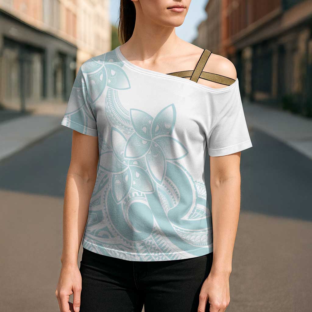 Polynesian Tribal Plumeria Lotu Tamaiti Cross Shoulder Shirt Pastel Cyan - Polynesian Pride