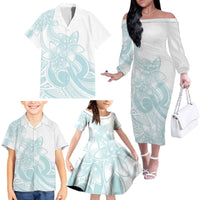 Polynesian Tribal Plumeria Lotu Tamaiti Family Matching Off The Shoulder Long Sleeve Dress and Hawaiian Shirt Pastel Cyan - Polynesian Pride