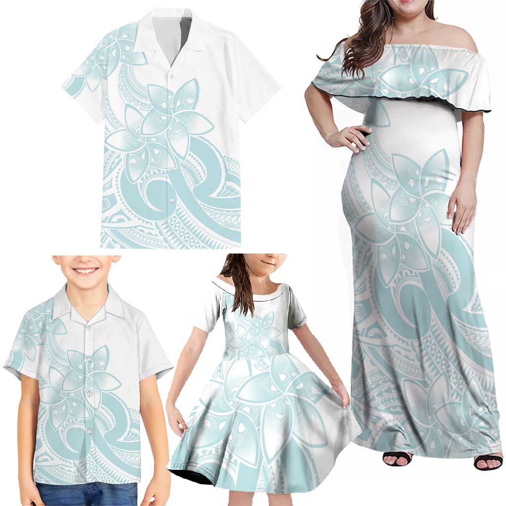 Polynesian Tribal Plumeria Lotu Tamaiti Family Matching Off Shoulder Maxi Dress and Hawaiian Shirt Pastel Cyan - Polynesian Pride
