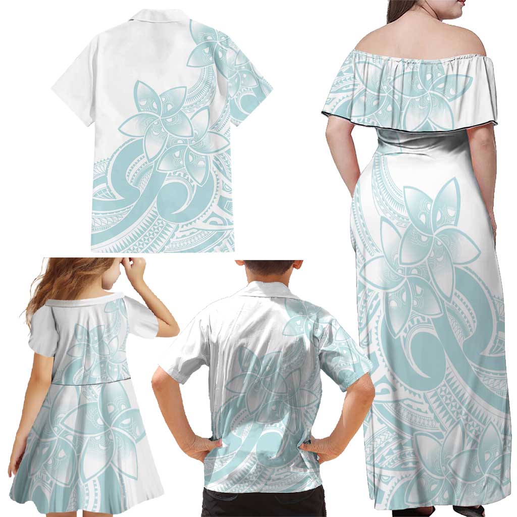 Polynesian Tribal Plumeria Lotu Tamaiti Family Matching Off Shoulder Maxi Dress and Hawaiian Shirt Pastel Cyan - Polynesian Pride