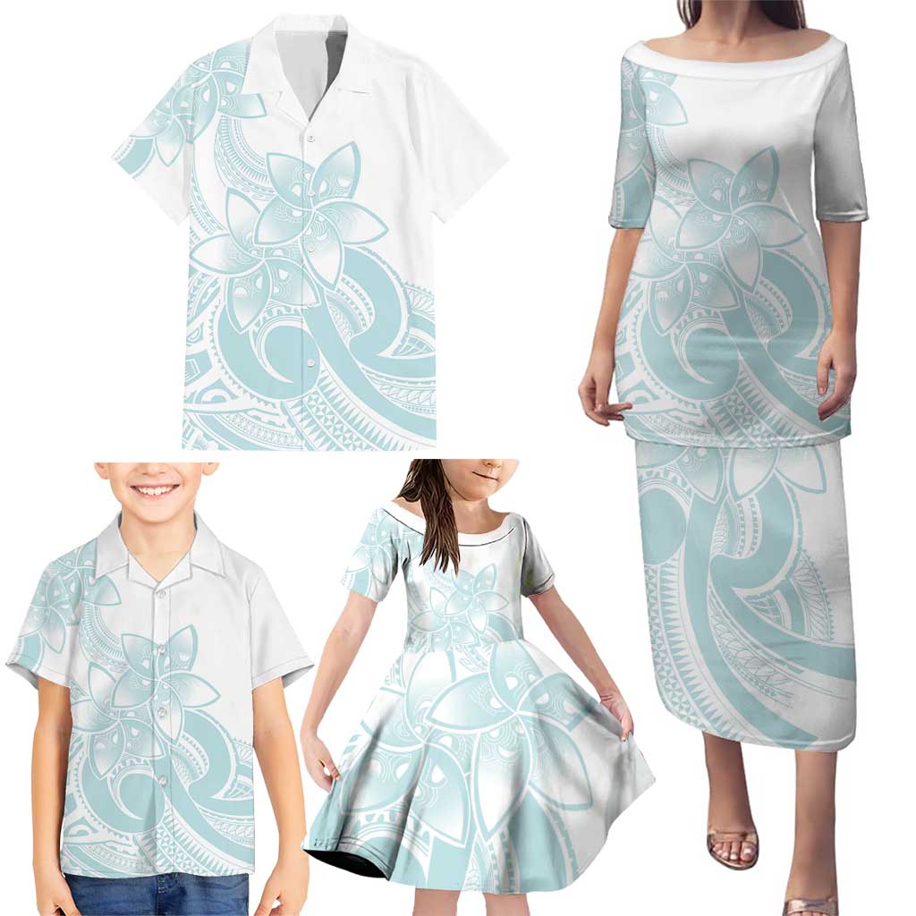 Polynesian Tribal Plumeria Lotu Tamaiti Family Matching Puletasi and Hawaiian Shirt Pastel Cyan - Polynesian Pride