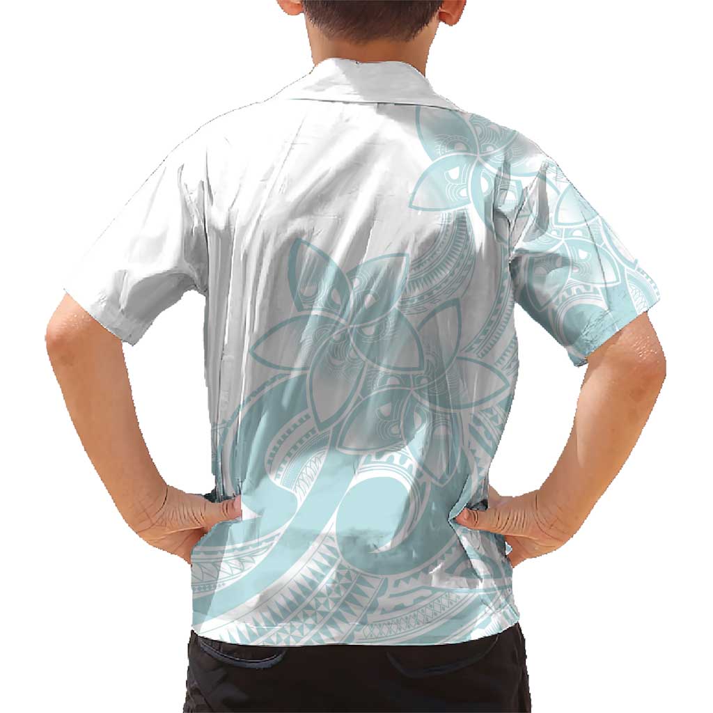 Polynesian Tribal Plumeria Lotu Tamaiti Family Matching Short Sleeve Bodycon Dress and Hawaiian Shirt Pastel Cyan - Polynesian Pride