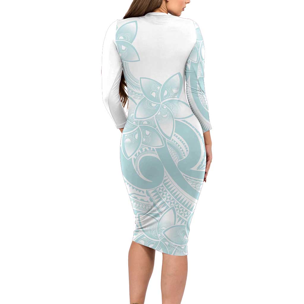 Polynesian Tribal Plumeria Lotu Tamaiti Long Sleeve Bodycon Dress Pastel Cyan - Polynesian Pride
