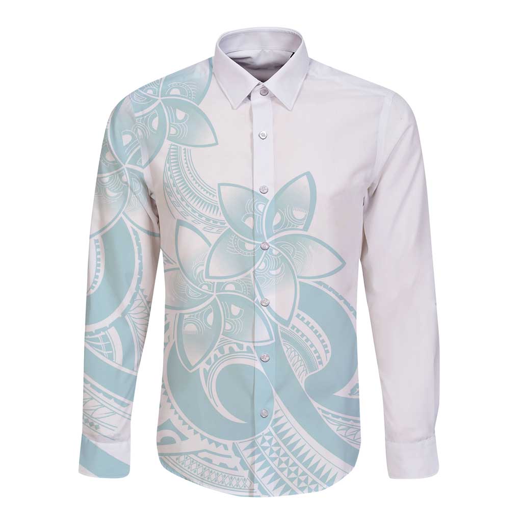 Polynesian Tribal Plumeria Lotu Tamaiti Long Sleeve Button Shirt Pastel Cyan - Polynesian Pride