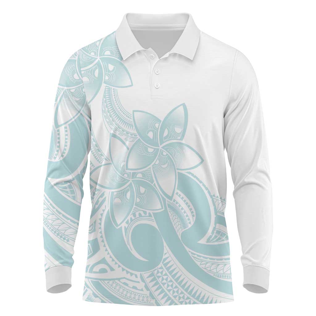 Polynesian Tribal Plumeria Lotu Tamaiti Long Sleeve Polo Shirt Pastel Cyan - Polynesian Pride