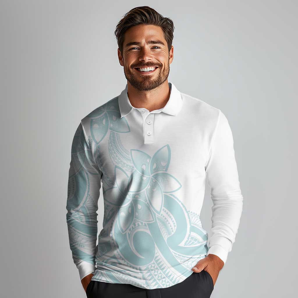 Polynesian Tribal Plumeria Lotu Tamaiti Long Sleeve Polo Shirt Pastel Cyan - Polynesian Pride