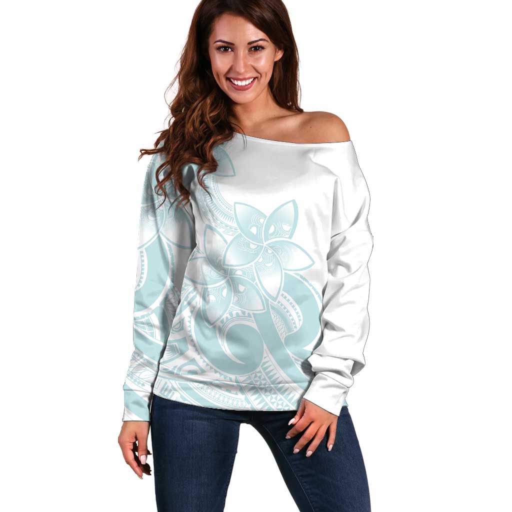 Polynesian Tribal Plumeria Lotu Tamaiti Off Shoulder Sweater Pastel Cyan - Polynesian Pride