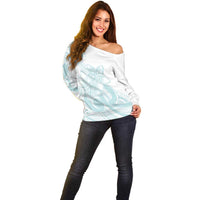 Polynesian Tribal Plumeria Lotu Tamaiti Off Shoulder Sweater Pastel Cyan - Polynesian Pride
