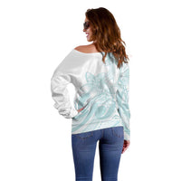 Polynesian Tribal Plumeria Lotu Tamaiti Off Shoulder Sweater Pastel Cyan - Polynesian Pride