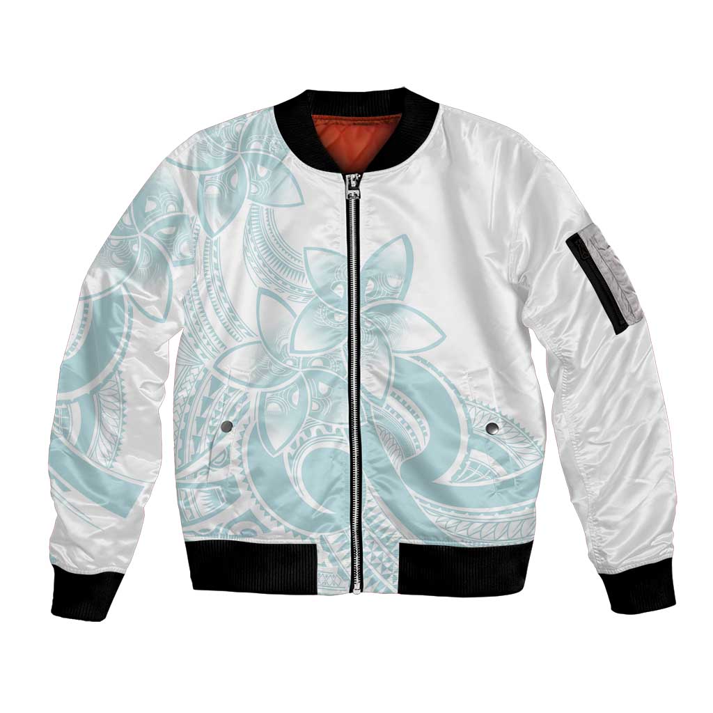 Polynesian Tribal Plumeria Lotu Tamaiti Sleeve Zip Bomber Jacket Pastel Cyan - Polynesian Pride
