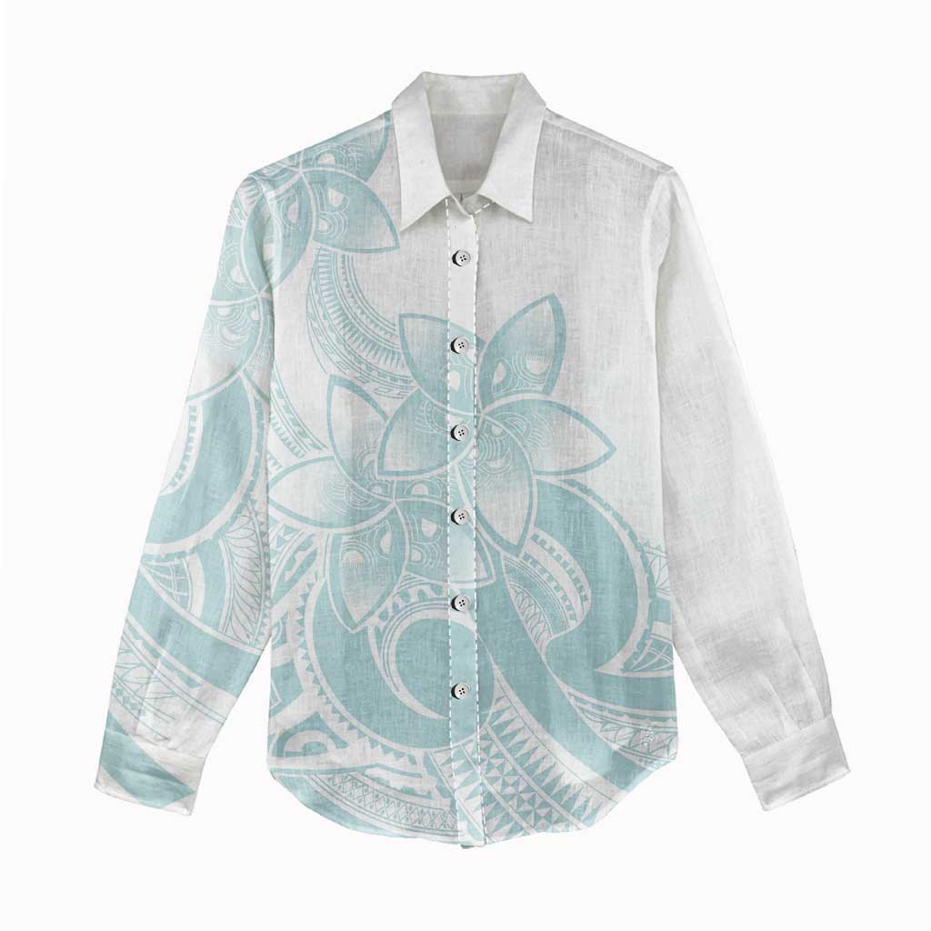 Polynesian Tribal Plumeria Lotu Tamaiti Women Casual Shirt Pastel Cyan - Polynesian Pride