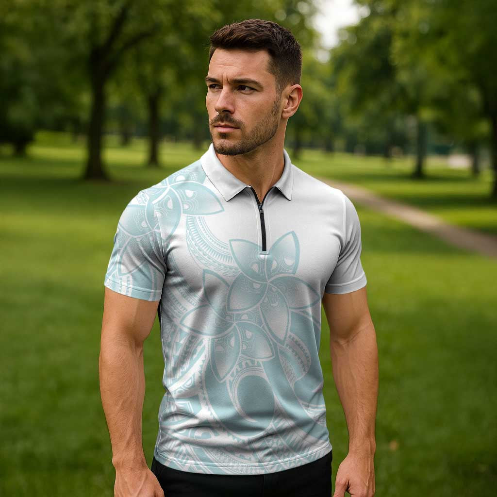 Polynesian Tribal Plumeria Lotu Tamaiti Zipper Polo Shirt Pastel Cyan - Polynesian Pride
