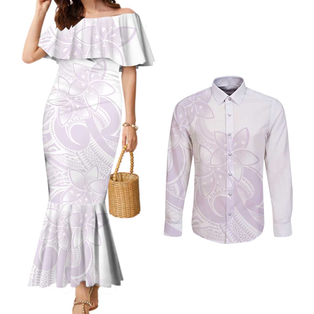 Polynesian Tribal Plumeria Lotu Tamaiti Couples Matching Mermaid Dress and Long Sleeve Button Shirt Pastel Mauve - Polynesian Pride