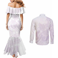 Polynesian Tribal Plumeria Lotu Tamaiti Couples Matching Mermaid Dress and Long Sleeve Button Shirt Pastel Mauve - Polynesian Pride