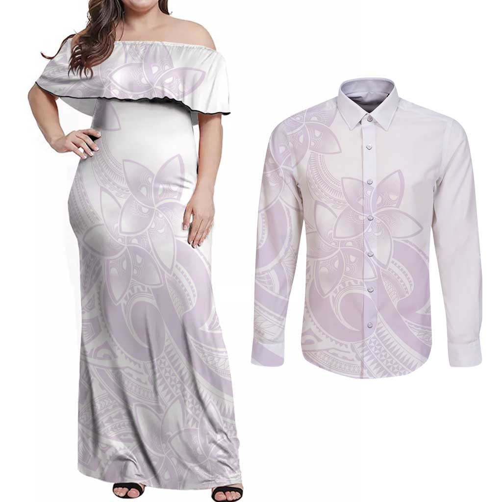 Polynesian Tribal Plumeria Lotu Tamaiti Couples Matching Off Shoulder Maxi Dress and Long Sleeve Button Shirt Pastel Mauve - Polynesian Pride