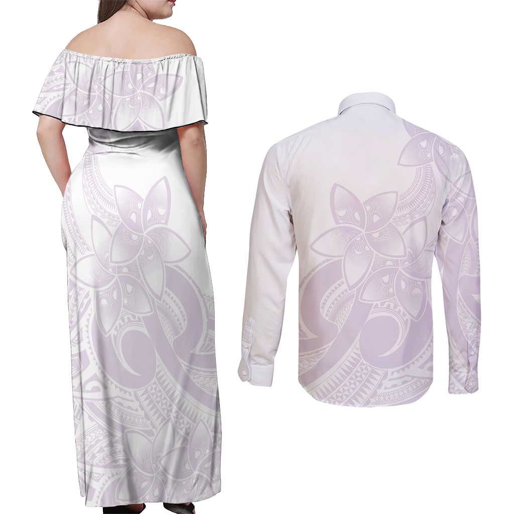 Polynesian Tribal Plumeria Lotu Tamaiti Couples Matching Off Shoulder Maxi Dress and Long Sleeve Button Shirt Pastel Mauve - Polynesian Pride
