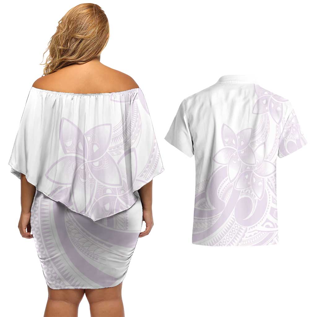 Polynesian Tribal Plumeria Lotu Tamaiti Couples Matching Off Shoulder Short Dress and Hawaiian Shirt Pastel Mauve - Polynesian Pride