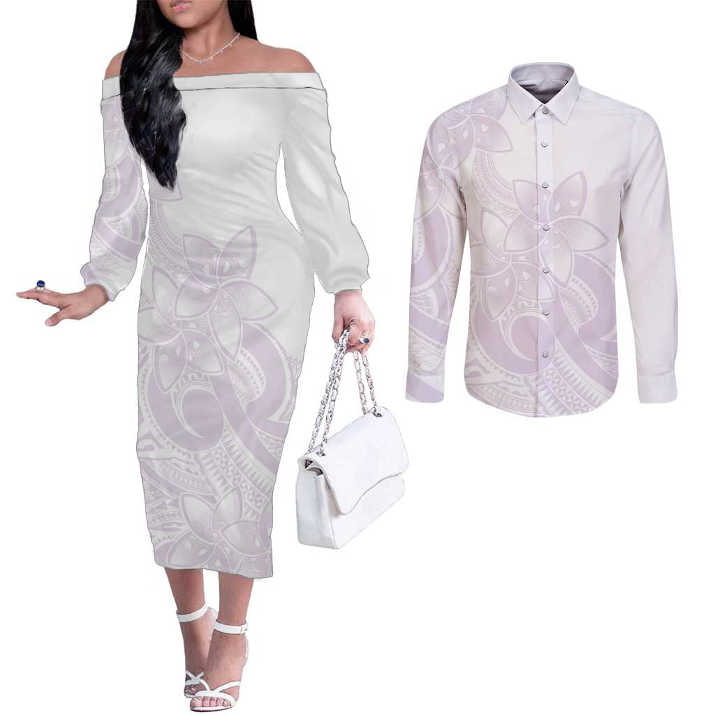 Polynesian Tribal Plumeria Lotu Tamaiti Couples Matching Off The Shoulder Long Sleeve Dress and Long Sleeve Button Shirt Pastel Mauve - Polynesian Pride