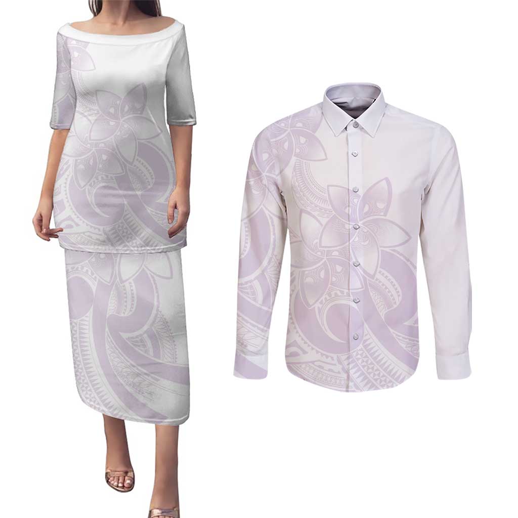 Polynesian Tribal Plumeria Lotu Tamaiti Couples Matching Puletasi and Long Sleeve Button Shirt Pastel Mauve - Polynesian Pride
