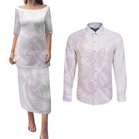 Polynesian Tribal Plumeria Lotu Tamaiti Couples Matching Puletasi and Long Sleeve Button Shirt Pastel Mauve - Polynesian Pride