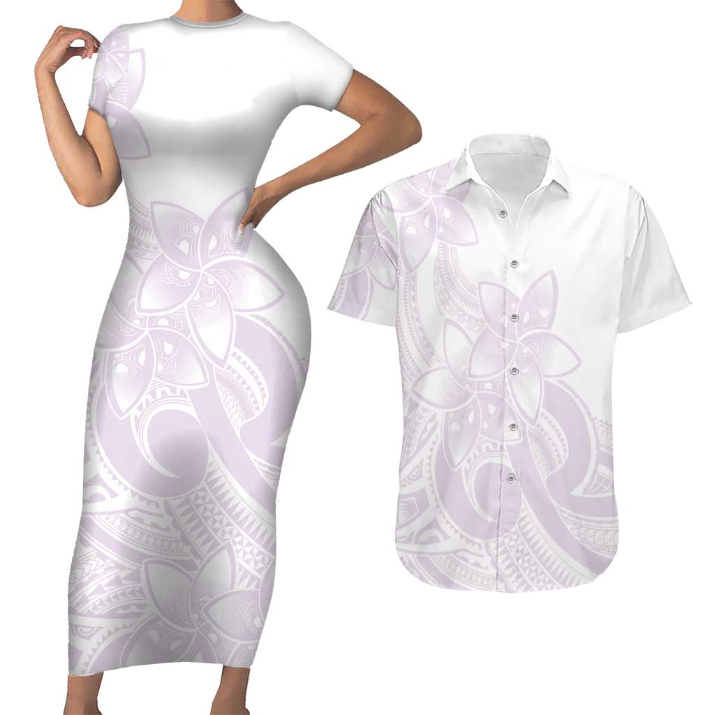 Polynesian Tribal Plumeria Lotu Tamaiti Couples Matching Short Sleeve Bodycon Dress and Hawaiian Shirt Pastel Mauve - Polynesian Pride
