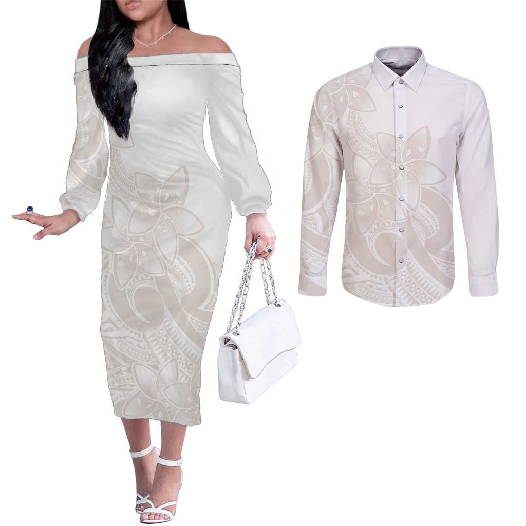 Polynesian Tribal Plumeria Lotu Tamaiti Couples Matching Off The Shoulder Long Sleeve Dress and Long Sleeve Button Shirt Pastel Nude - Polynesian Pride