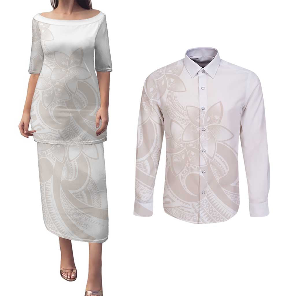 Polynesian Tribal Plumeria Lotu Tamaiti Couples Matching Puletasi and Long Sleeve Button Shirt Pastel Nude - Polynesian Pride