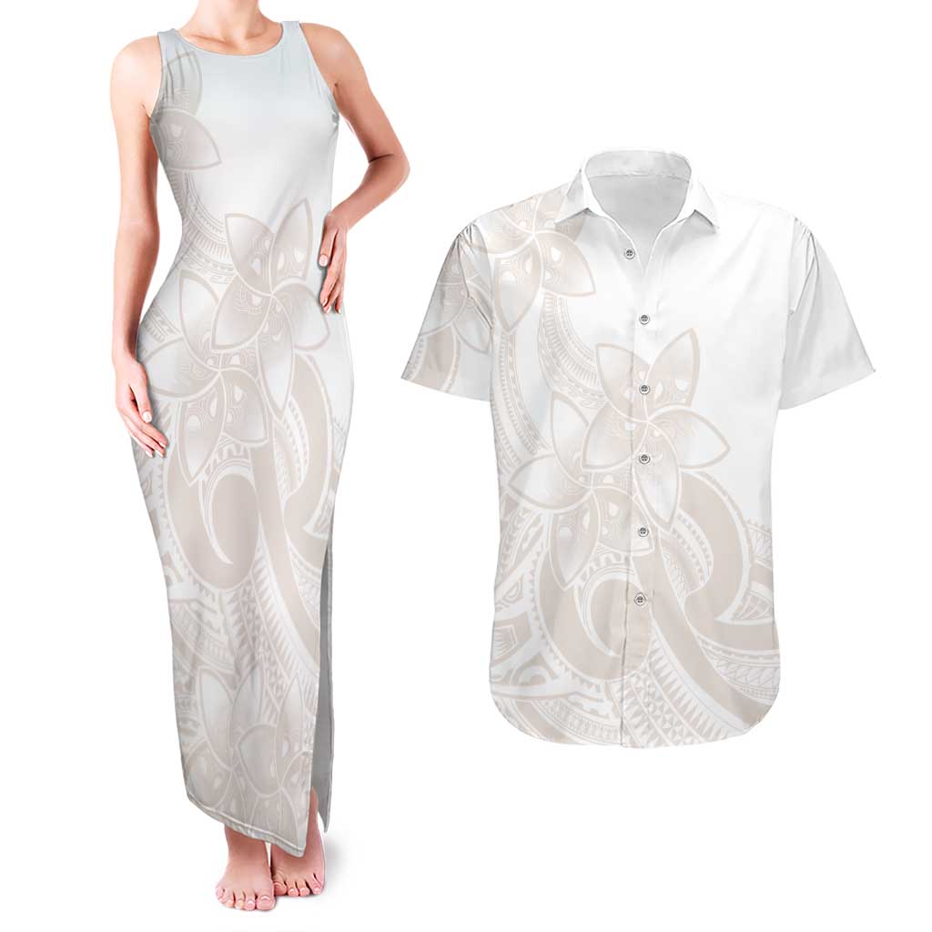 Polynesian Tribal Plumeria Lotu Tamaiti Couples Matching Tank Maxi Dress and Hawaiian Shirt Pastel Nude - Polynesian Pride