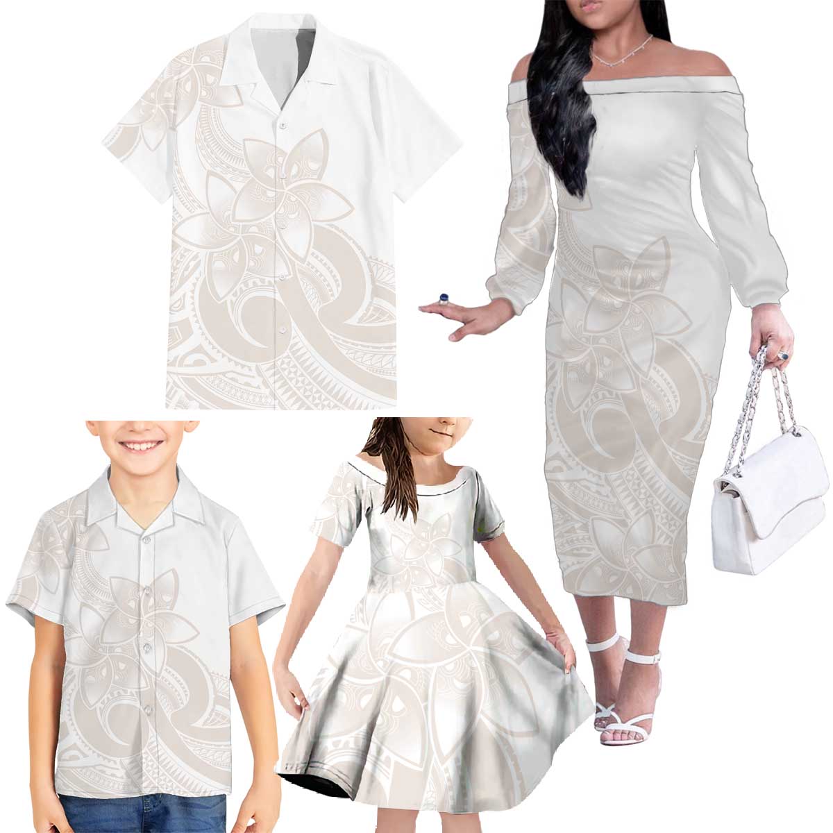 Polynesian Tribal Plumeria Lotu Tamaiti Family Matching Off The Shoulder Long Sleeve Dress and Hawaiian Shirt Pastel Nude - Polynesian Pride