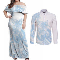 Polynesian Tribal Plumeria Lotu Tamaiti Couples Matching Off Shoulder Maxi Dress and Long Sleeve Button Shirt Pastel Sky Blue - Polynesian Pride