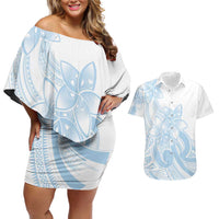 Polynesian Tribal Plumeria Lotu Tamaiti Couples Matching Off Shoulder Short Dress and Hawaiian Shirt Pastel Sky Blue - Polynesian Pride