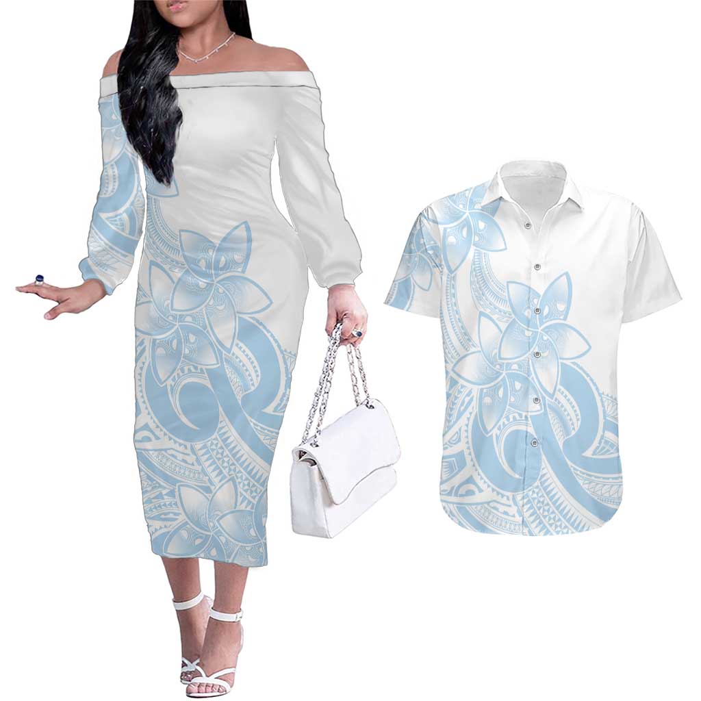 Polynesian Tribal Plumeria Lotu Tamaiti Couples Matching Off The Shoulder Long Sleeve Dress and Hawaiian Shirt Pastel Sky Blue - Polynesian Pride