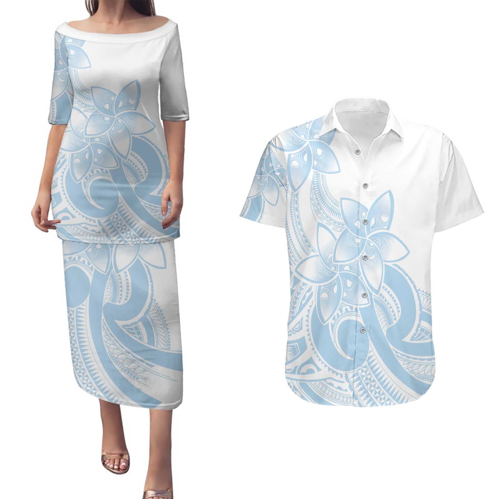 Polynesian Tribal Plumeria Lotu Tamaiti Couples Matching Puletasi and Hawaiian Shirt Pastel Sky Blue - Polynesian Pride