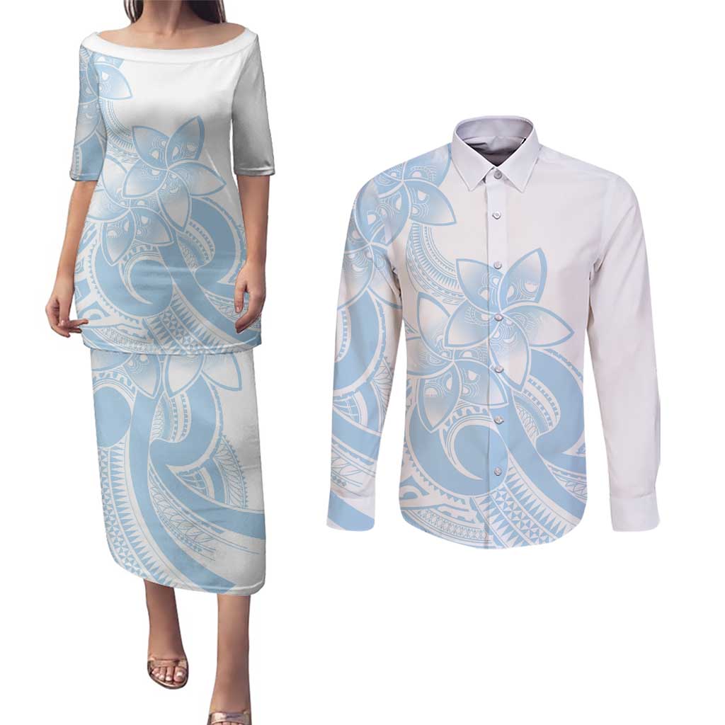 Polynesian Tribal Plumeria Lotu Tamaiti Couples Matching Puletasi and Long Sleeve Button Shirt Pastel Sky Blue - Polynesian Pride