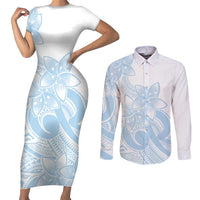 Polynesian Tribal Plumeria Lotu Tamaiti Couples Matching Short Sleeve Bodycon Dress and Long Sleeve Button Shirt Pastel Sky Blue - Polynesian Pride