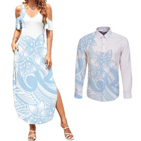 Polynesian Tribal Plumeria Lotu Tamaiti Couples Matching Summer Maxi Dress and Long Sleeve Button Shirt Pastel Sky Blue - Polynesian Pride