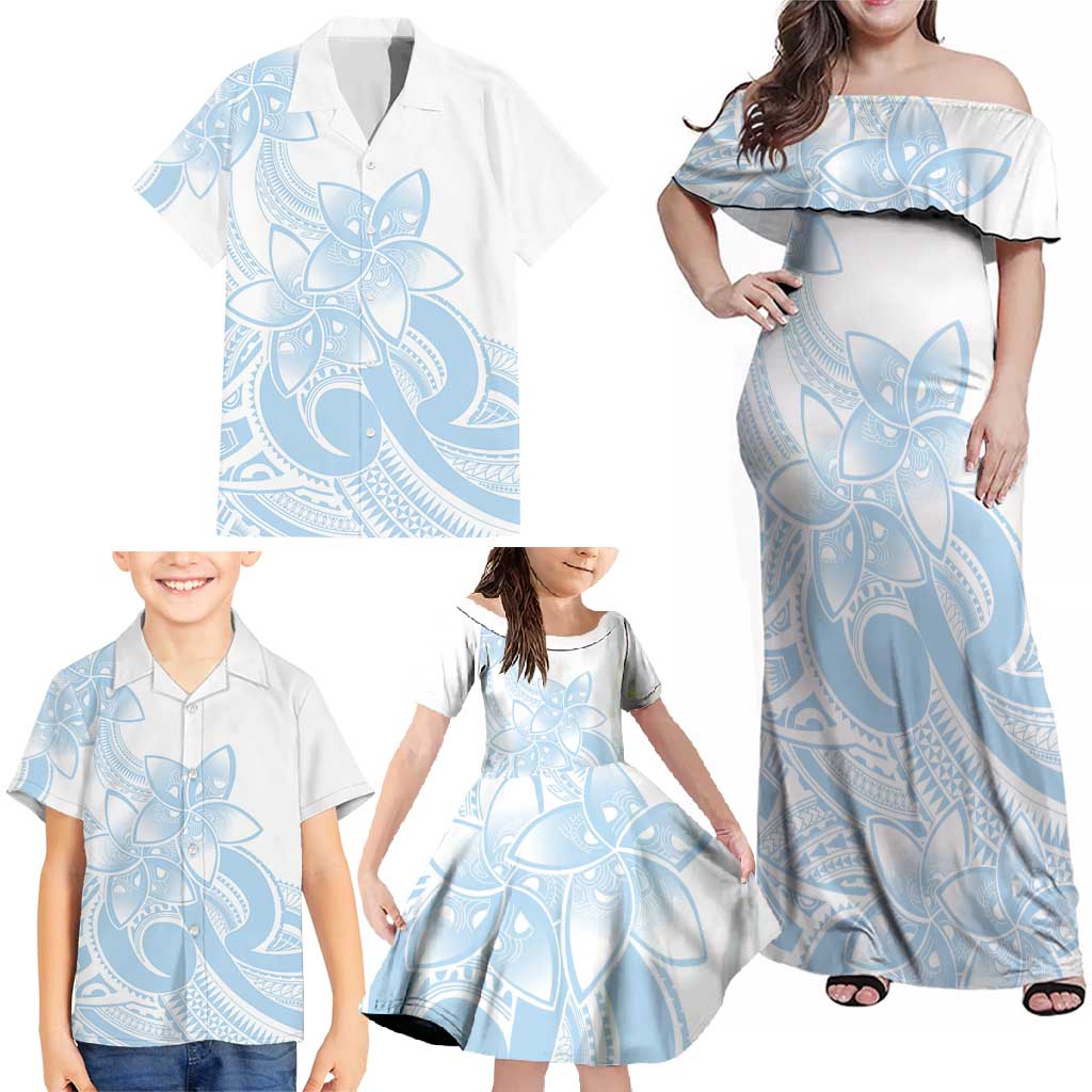 Polynesian Tribal Plumeria Lotu Tamaiti Family Matching Off Shoulder Maxi Dress and Hawaiian Shirt Pastel Sky Blue - Polynesian Pride
