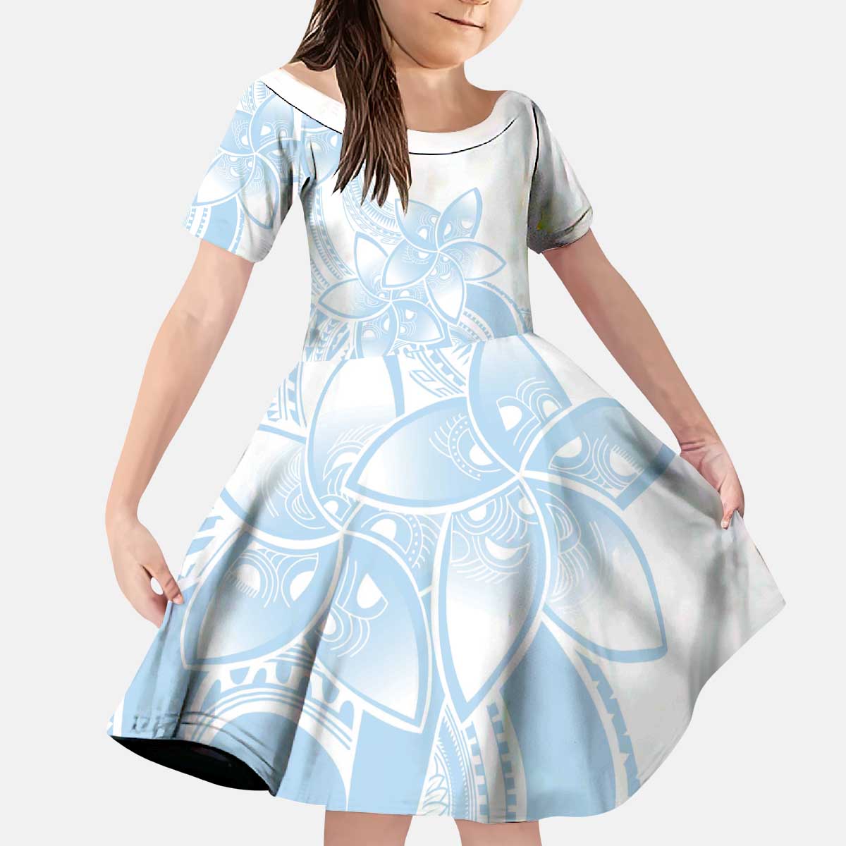 Polynesian Tribal Plumeria Lotu Tamaiti Kid Short Sleeve Dress Pastel Sky Blue - Polynesian Pride